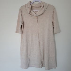 CRESCENT Cowl Neck Neutral Minimalist Short Sleeve‎ Oatmeal Tunic Mini Dress M
